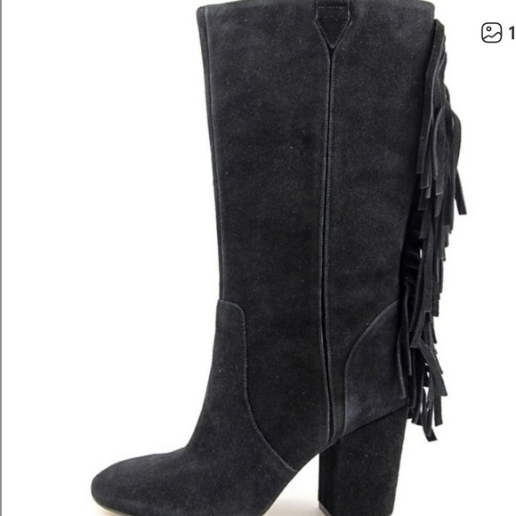 Nine West Black Suede Leather Fringe Mid Calf  Western Heel Pull On Boots Sz 7.5 - Picture 1 of 12
